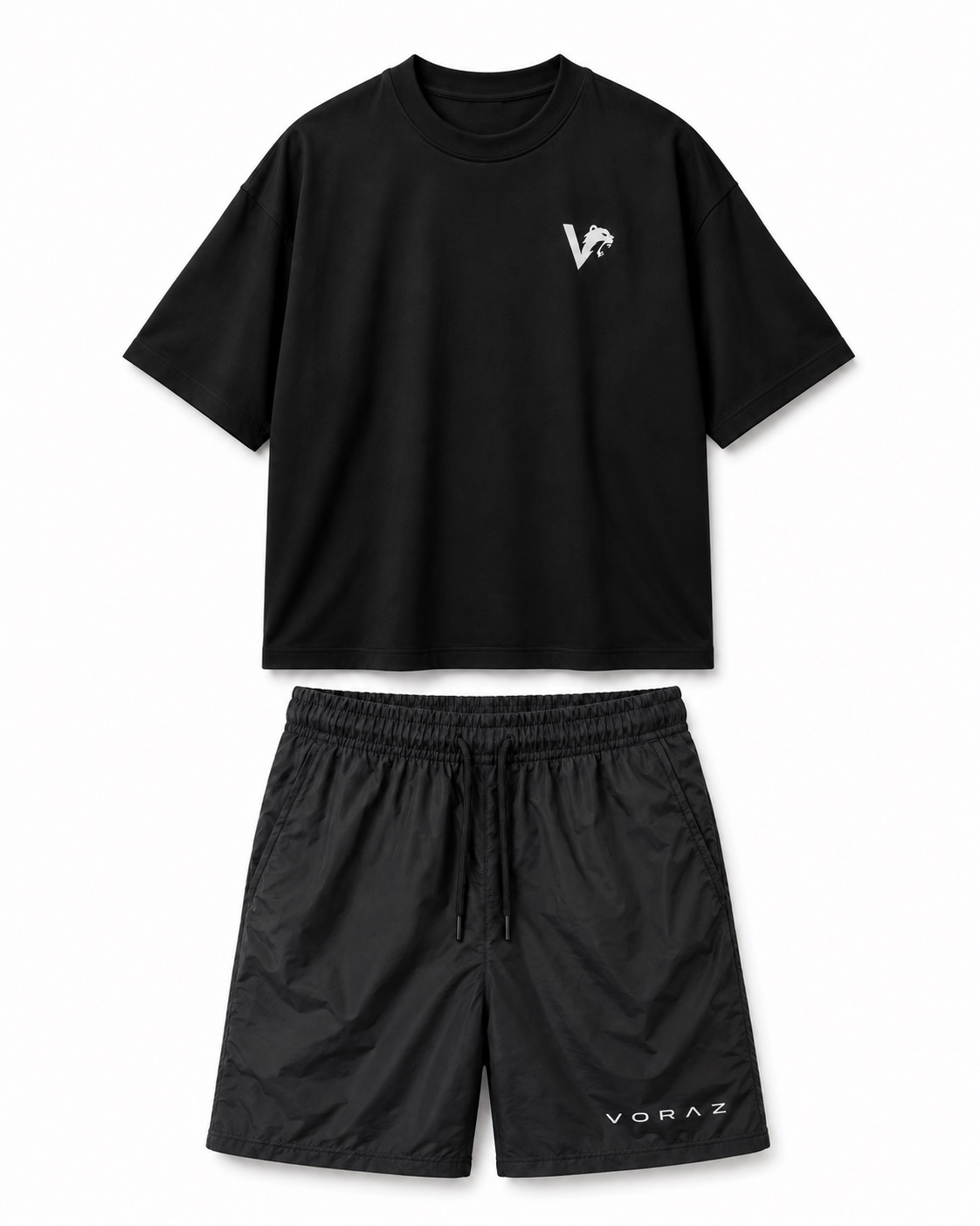 Kit Essential VORAZ preto com camiseta oversized e bermuda